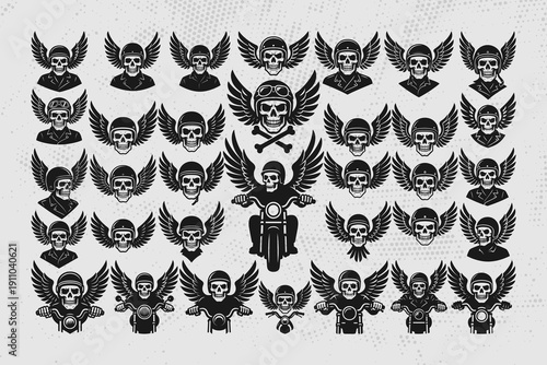 Collection of biker skull emblems with wings and helmets