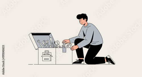 Man Organizing Toolbox With Essential Tools For Projects