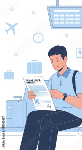 Man Reviewing Travel Insurance Policy At Airport Departure Lounges