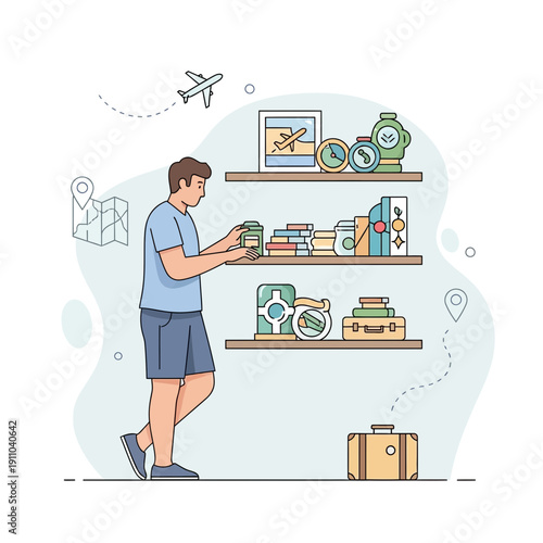 Man Organizing Travel Gear Preparing For An Exciting Vacation Adventure