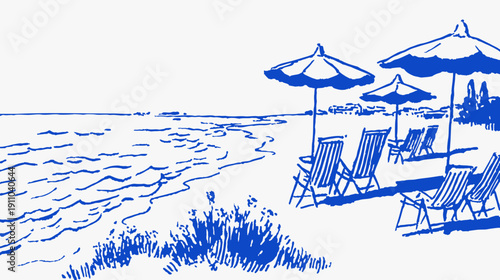 Seaside loungers crayon vintage sketch drawing line style. Blue ink illustration of empty chairs, parasols and calm water horizon. Minimal mediterranean beach scene for travel posters or design.