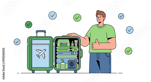 Man Packing A Suitcase For Vacation And Giving A Thumbs Up