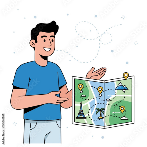 Man Showing Travel Map With Destinations And Route Planning Concept