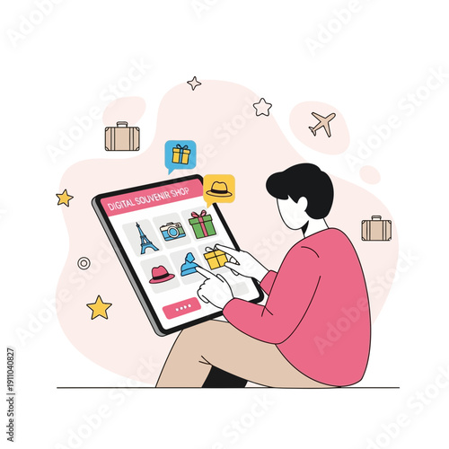 Man Shopping For Digital Souvenirs Online Using A Tablet Device