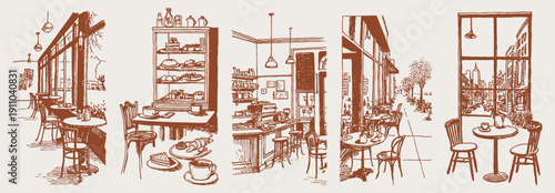 Cozy bakery cafe interior coffee counter shelves set. Hand drawn crayon vintage sketch style drawing line style with pastries, bread, cups and tables. Warm breakfast shop scenes for menu or poster.