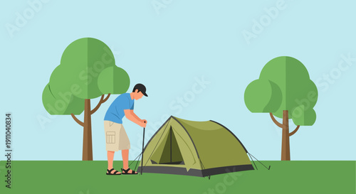 Man Setting Up A Tent Amidst Nature