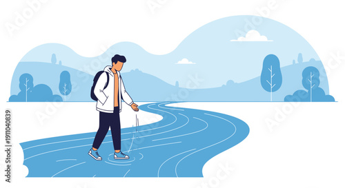 Man Wading Through Water In A Stylized Landscape