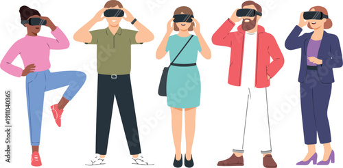 Virtual Reality Outline Icon Set  Diverse People in VR Headsets
