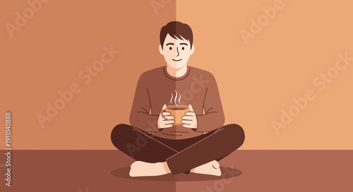 Man Sitting Cross Legged Holding A Steaming Coffee Cup