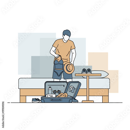 Man Packing Swimsuit And Hat Into Open Suitcase Ready For Vacation Getaway