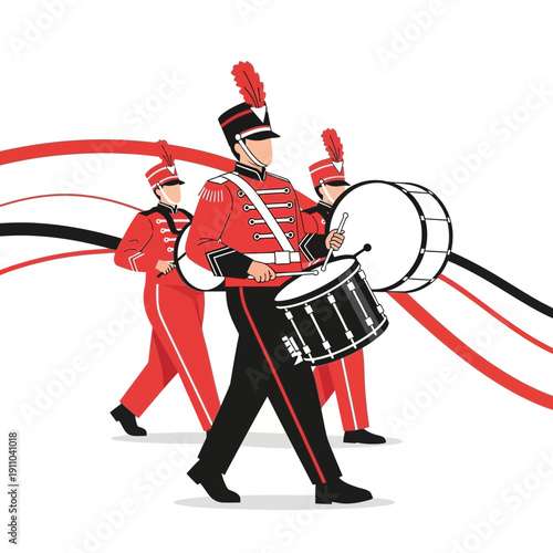 Marching Band Drummer In Vibrant Red Uniform Leading The Parade