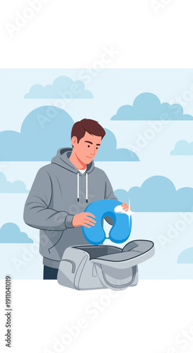 Man Packing Travel Pillow For Comfortable Journey Ahead