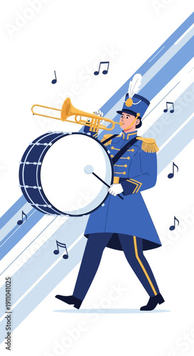 Marching Band Drummer Performance In Festive Uniform Playing Trombone And Bass Drum