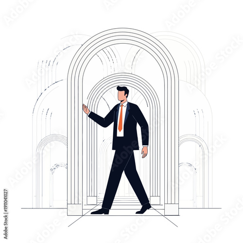 Man Walking Through Minimalist Arches Illustrating Progress And Opportunity