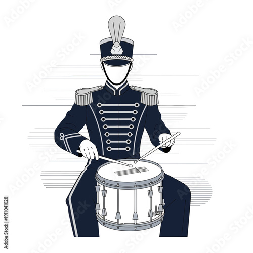 Marching Band Drummer In Uniform Playing With Sticks On A White Background