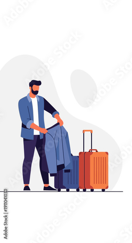 Man Packing Suitcases For A Journey And Vacation Trip