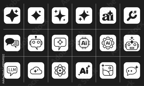 A comprehensive set of 18 modern vector icons representing Artificial Intelligence