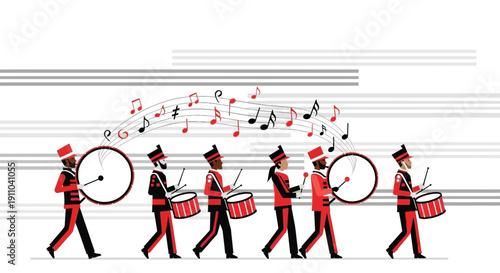 Marching Band Ensemble Performing Rhythmic Percussion With Melodious Musical Notes Floating