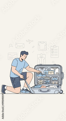 Man Packing Travel Suitcase For Holiday Trip Ready For Adventure Abroad