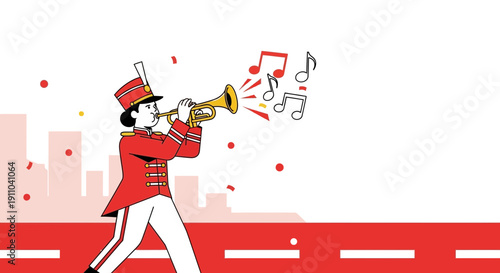 Marching Band Member Playing a Trumpet with Musical Notes in a Festive Parade