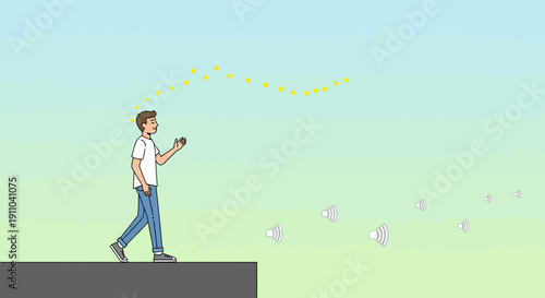 Man Walking With Ideas And Sound Waves Floating Around Him
