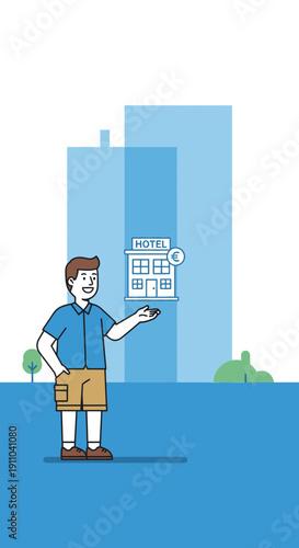 Man Stands Near Hotel Building Illustration Offering Accommodation Options