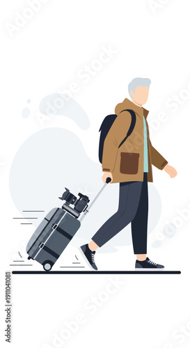 Man Walking With Rolling Luggage And Backpack Ready For Adventure