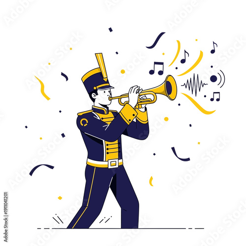 Marching Band Trumpet Player Performing Energetic Melody with Animated Musical Notes