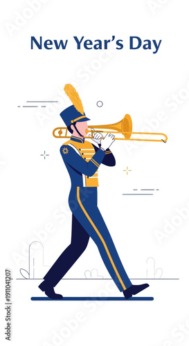 Marching Band Trombone Player Celebrating New Year's Day Parade Celebration