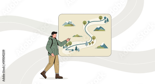 Man Planning Hiking Expedition Showing Mountain Trail Map Adventure