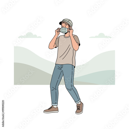 Man Wearing Face Mask Outdoors During Pandemic Prevention Efforts