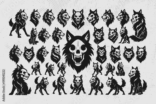 Set of aggressive wolf skull illustrations in black and white