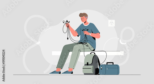 Man Tangled In Various Electronic Cables With Backpack And Briefcase Nearby