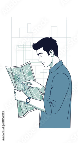 Man Studying Map for Travel Directions Navigation Planning Adventure