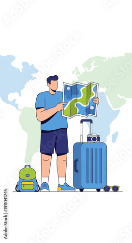 Man Planning Global Adventure Holding Detailed Map Beside Luggage Ready For Exploration