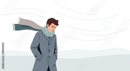 Man Wearing Scarf And Coat Walking In Windy Weather Conditions