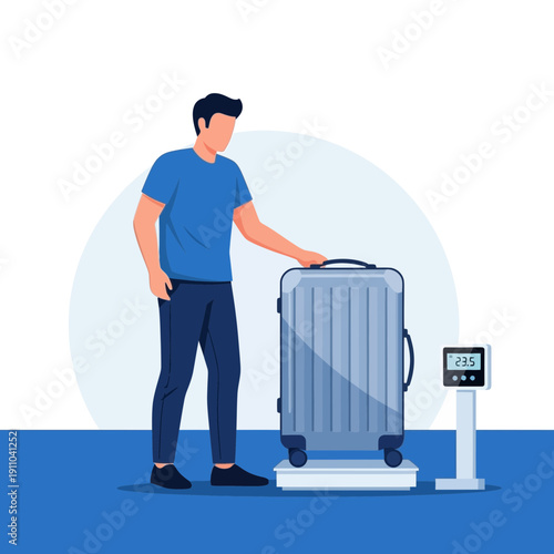 Man Weighing Luggage Before Traveling On A Digital Scale