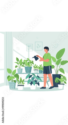 Man Tending Indoor Plants Watering Greenery In A Brightly Lit Room