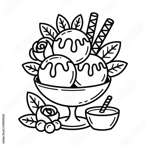 Stylized black and white illustration of a refreshing ice cream sundae dessert with decorative elements