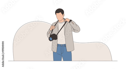 Man With Camera Around Neck Adjusting Strap Ready For Shot