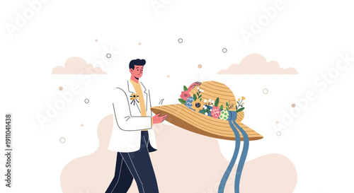 Man With Decorative Floral Hat Springtime Fashion Style