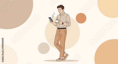 Man With Coffee Cup And Smartphone Casual Style
