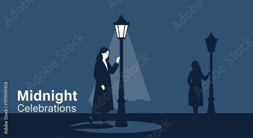 Midnight Solitude Elegant Woman Under Lamppost Night Street Scene