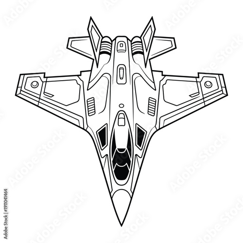 Stylized futuristic fighter jet aircraft top view line art isolated on transparent background