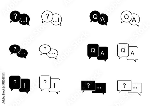 Q&A Chat Speech Bubble Icons Set – Black and White Messaging Conversation Symbols