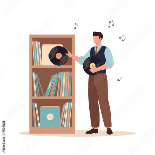 Man With Vinyl Records In A Bookcase Enjoying Music Collection
