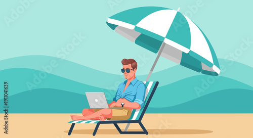 Man Working On Laptop Under Beach Umbrella Enjoying Digital Nomad Lifestyle