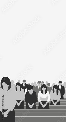 Minimalist Illustration of Devotees Praying in a Chapel, Simple Artwork of Spiritual Gathering