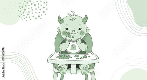 Mischievous Baby Monster Enjoying Messy Mealtime Fun Illustration