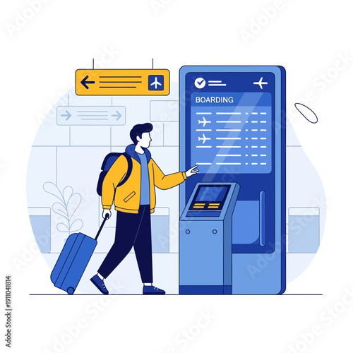 Modern Airport Travel Check In Kiosk For Traveler With Luggage